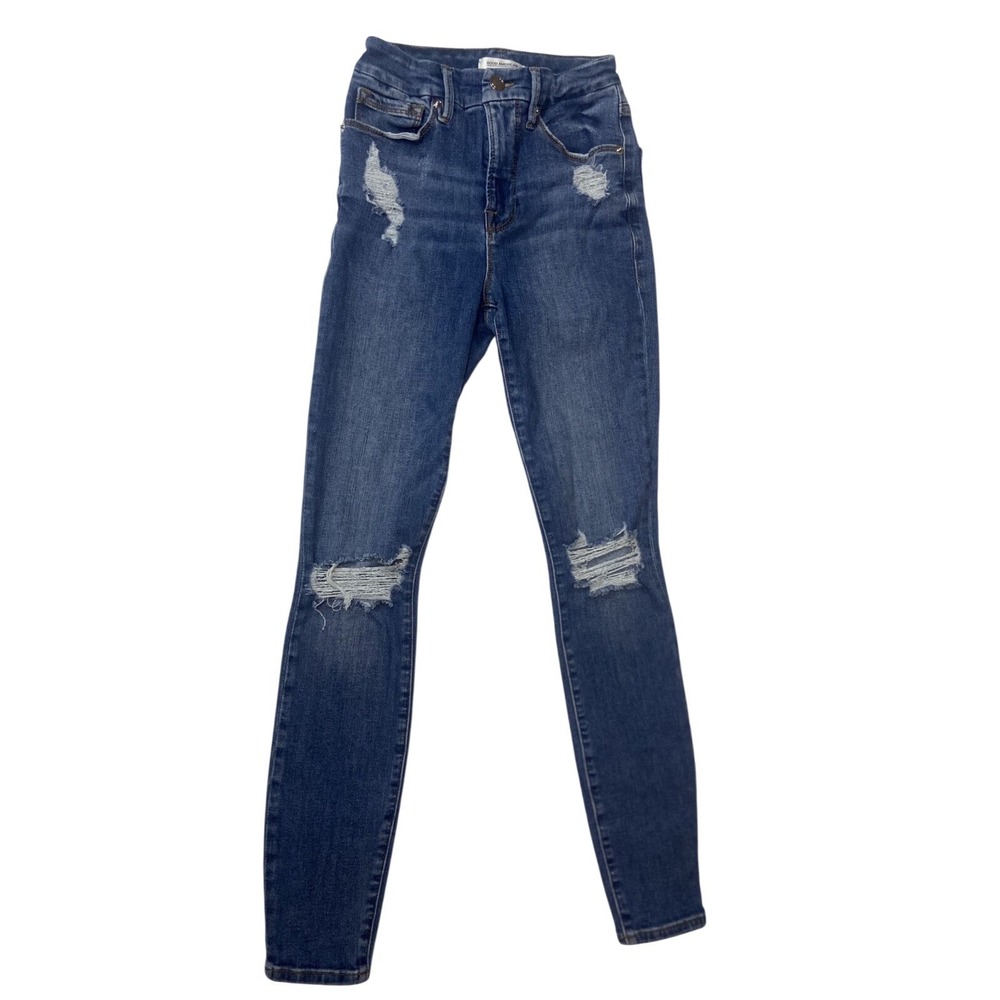 Good American Skinny Jeans Womens 00/24 Blue Distressed Raw Hem Ankle